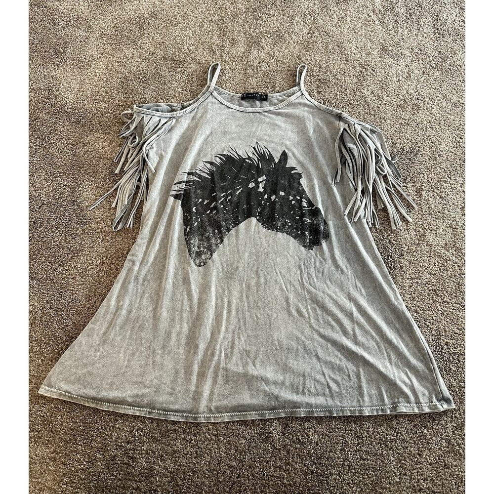 T Party Shirt Womens Large Gray Tank Top Fringe Western Top Cowgirl